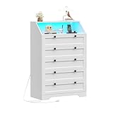 Wodeer White Dresser Tall 5 Drawer Dresser for Bedroom, Wood Chest of Drawers with LED Lights, Charging Station, Metal Handles, Modern Storage Cabinet and Organizer Drawers for Living Room, Hallway