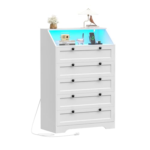 Image of Wodeer White Dresser Tall 5 Drawer Dresser for Bedroom, Wood Chest of Drawers with LED Lights, Charging Station, Metal Handles, Modern Storage Cabinet and Organizer Drawers for Living Room, Hallway