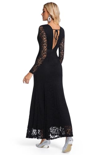 Image of LRISES Womens Floral Lace Backless V-Back Dress Long Sleeves Bridesmaid Formal Evening Wedding Party Maxi Dresses Black