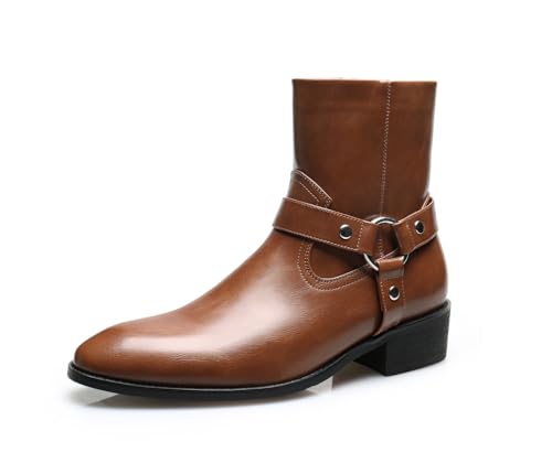 Santimon Men's Sleek Fashion Chelsea Ankle Boots, Pointed Toe, Side Zipper, Buckle Strap, Black, Brown