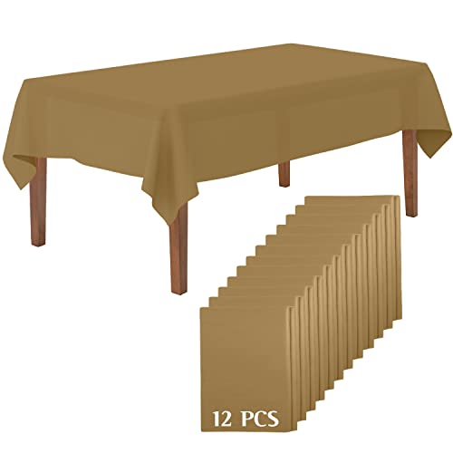 Mountclear Disposable Plastic Tablecloths for Parties [Pack of 12] 54x108” Rectangle Table Cover for Indoor & Outdoor Tables- Waterproof Tablecloth for Birthdays, Weddings, Parties [Gold]