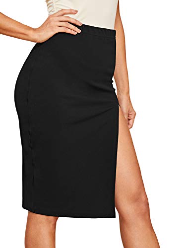 WDIRARA Women s Sexy High Waist Solid Color Side Split Elastic Skirt Black S