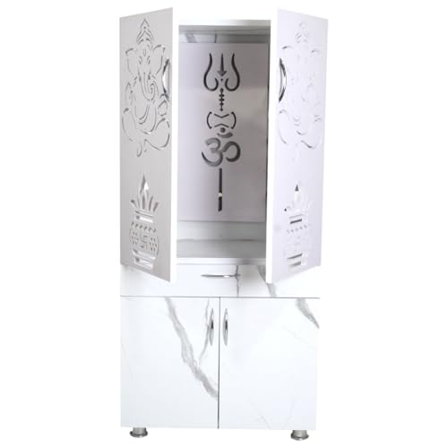 Image of White Marble Finish Mandir for Home with LED Light | OM Trishul Design | Large Size 130 x 60 x 34 cm | Modern Wooden Temple with Storage