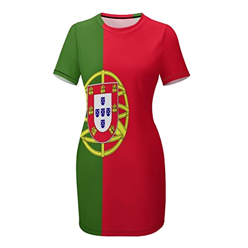 Fattyeery Womens Summer Casual Loose Dress Portugal Flag Long Dress Short Sleeve for Girls Fashion Skirts M