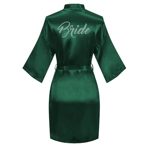 Image of Women's Bride Bridesmaid Robes Short Satin One Size Silver Rhinestones Wedding Party Getting Ready Sleepwear
