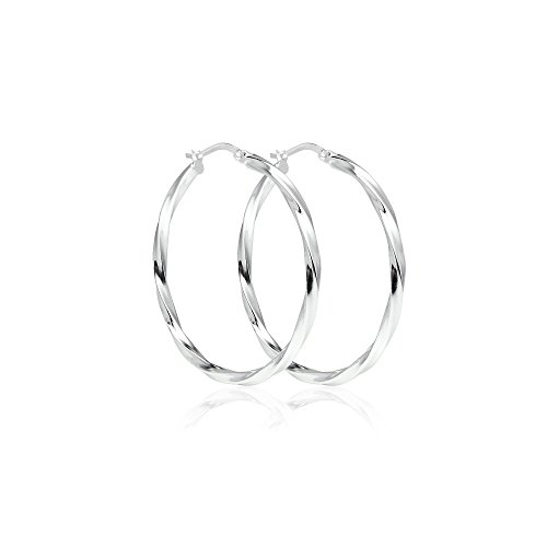 Sterling Silver Hoop Earrings, Twisted Round Design, High Polish Finish With Click-Top Closure, Tarnish And Nickel Free, 35Mm Diameter #TOP4