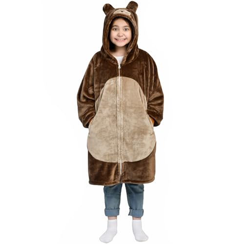 Waitu Bear Wearable Blanket Hoodie Funny Halloween Costumes Birthday Gifts for Women Men Boys Girls Bear Hooded Blanket Flannel Zipper Hoodie Blanket Cute Gifts for Teens (Kid Brown)