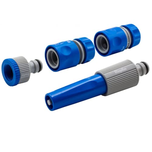 Kit riego con accesorios de acople rápido para mangueras de 19mm con lanza regulable. Incluye 3 racores bimateria aquastop. Fabricado en PVC. Ideal para trabajos de riego de jardines.