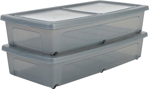 Amazon Basics, Juego de 2 Cajas de Almacenamiento Debajo de la Cama, 35 L, con Ruedas, Transparente, Dormitorio - Modular Clear Underbed Mcb-Ub – Gris