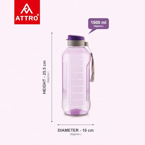 Image of ATTRO Ultra Pro Motivational 1.5-Liter BPA-Free Water Bottle with Leak-Proof Flip-Top Cap, Nylon Strap and Stylish Color for Daily Hydration- Violet-Set Of 4