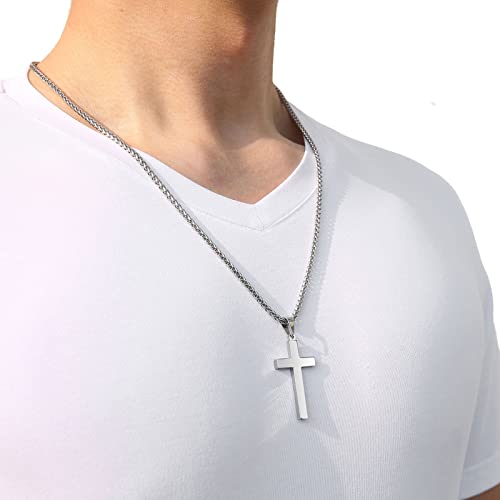 Rs Silver Cross Necklace For Men Boys, Stainless Steel Cross Pendant Chain 18 Inch Religious Christian Jewelry First Communion Confirmation Baptism Gift Valentine's Day Him Boyfriend #TOP4
