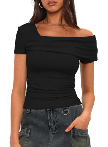 Darong Women's Summer Short Sleeve One Off The Shoulder Top Ruched Going Out Tops Slim Fit Y2K Shirt2