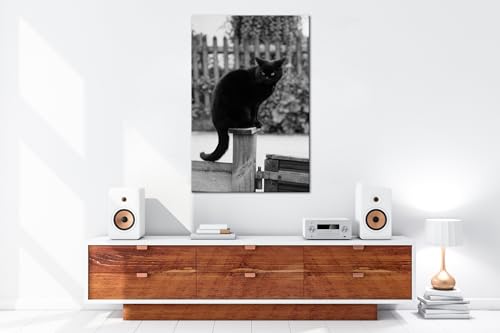Toile chat noir perché grand format pour salon moderne effet noir et blanc