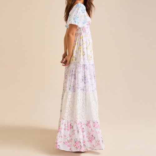 Women Patchwork Dress Y2k Floral Puff Short Sleeve Maxi Dress Summer Boho Smocked Tiered Ruffle Beach Sundress3