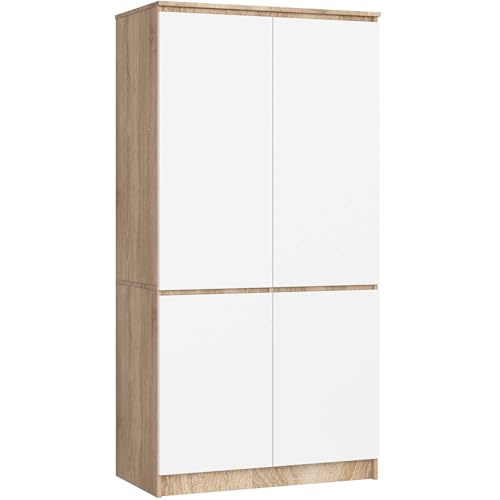 AKORD Armoire S90 90 cm | avec 4 portes | Extension de garde-robe | Extension pour une armoire | 90 x 180 x 51 cm | Poids 66,6 kg | Chêne Sonoma/Blanc