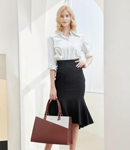 Image of LOVEVOOK Laptop Tote Bag for Women, Leather Business Office Work Bag Computer Briefcase with Small Clutch fit for 15.6 Inch Laptop,Brown-Beige
