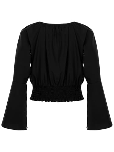 Girls Casual Off Shoulder Ruched Crop Top Summer Flounce Long Sleeve Smocked Blouse Boho Tunic Shirt4