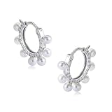 Wycian Pendientes de aro de oro blanco de 18 quilates para mujer, perlas blancas y diamantes, elegantes aros colgantes simples de oro para ella, Medio, Oro blanco, Perla Diamante