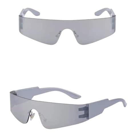 No Name Ltd Futuristic Single Lens Rimless Celeb Wraparound Sunglasses for Women Men Reflective Mirror (Silver Mirror) Cover