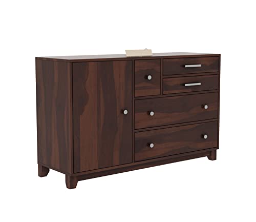Image of Solid Sheesham Wood Wooden Sideboard Cabinet & Chest of Drawers with 4 Drawer and 3 Shelve Storage | Multipurpose Storage Cabinet Rack for Bedroom Home Living Room (Design 2)