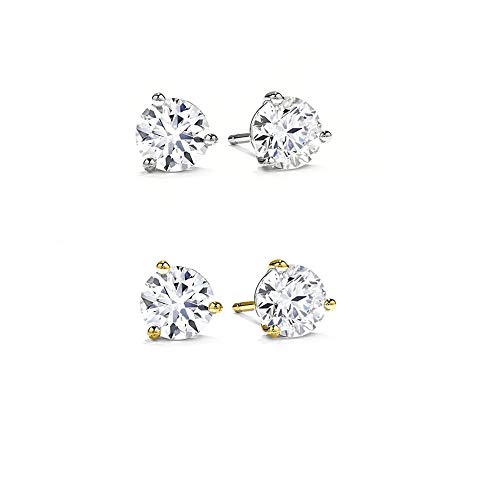 14K Gold Round Stud Earring,Solitaire Round Cubic Zirconia, CZ Stud Earrings with Gold butterfly Pushbacks,3MM-8MM(3SET)
