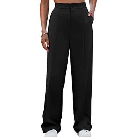 Tuopuda Womens Half Elasticated High Waist Straight Leg Trouser Ladies Casual Office Work Formal Trousers Straight Leg Pants Bottoms with Pockets(Black,XL) Cover