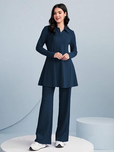 Image of TADKEE Women's Solid Color Two-Piece Set | Long Sleeve Top & Wide Leg Pants Co-ord Set | Casual Wear Co ord Set