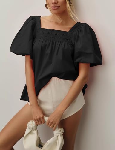 Short Puff-Sleeve Dressy Blouses Smocked Square Ruffle Neck Loose Shirts Casual Womens Tops2