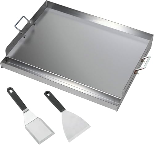 FINEUNAN Edelstahl Grillplatte | 47x32x7 cm | Universal BBQ Plancha aus dickem 2mm & rostfreiem Edelstahl passend für Weber Gasgrill und Holzkohlegrill | Grillplatte mit Grill-Spachtel Schaber set