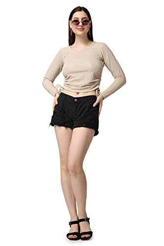 Image of POPWINGS Casual Self Design Regular Fit Polyester Full Sleeves Crop Tops for Women with Crush String