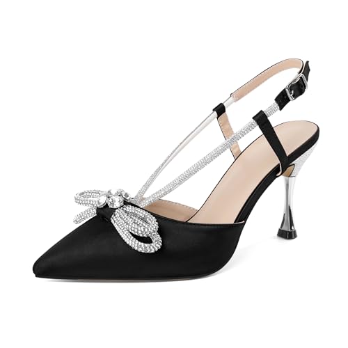 Zamikoo Rhinestone Bow Heels for Women Slingback Pointed Toe High Heels 3.5 Inches - Main Image