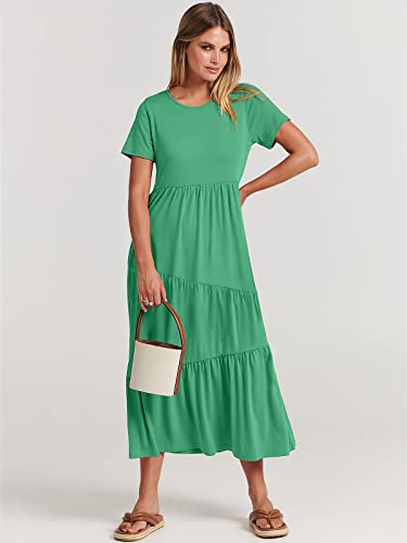 Image of ANRABESS Women Summer Maxi Dress Short Sleeve Swing Casual Asymmetric Tiered Vacation Long Beach Sundress Outfits Grass Green Medium