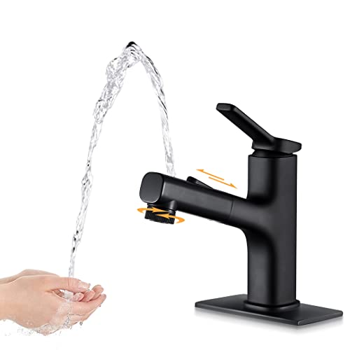 Black Bathroom Sink Faucet with Sprayer, ARRISEA Matte Black Single Hole Bathroom Faucet with Pull Out Sprayer, Stainless Steel Bathroom Faucets with Fountain Function and Deck Plate
