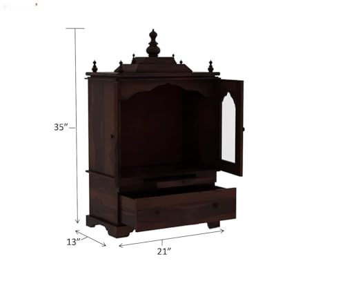 Image of G Fine Furniture 2.9 Ft Sheesham Wood Temple for Home | Wooden Pooja Mandir with 1 Drawer Storage 2 Glass Door Cabinet & Dhoop Batti Slider Stand | Traditional Pooja Ghar Mandap (Natural Finish)