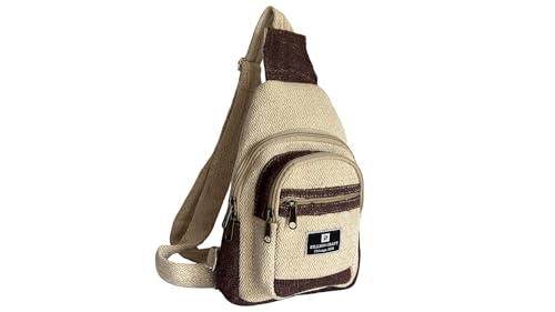 Hand crafted classic sling bag made from 100% Eco friendly natural Hemp and Gheri from Himalaya. Strong crossbody bag for men and women with unbreakable YKK Zipper chain.