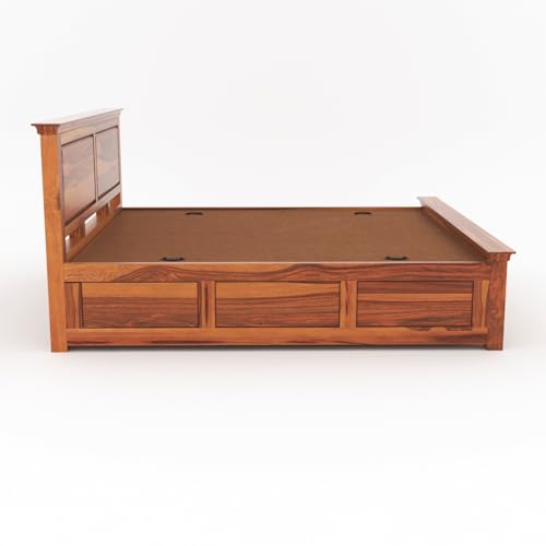 Image of Sheesham Wood King Size Bed with Storage Box | Wooden Box Bed King Size Double Cot Bed with Storage for Bedroom | Premium 2 Dalla Design Headboard Bed for Hotel, Home | Honey Finish