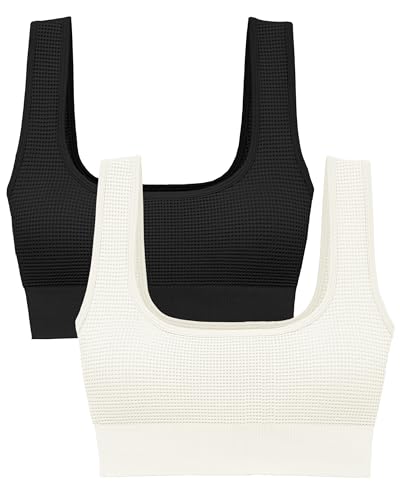 Square Neck Padded Sports Bra, Push Up Sports Bra for Women, Cute Comfy Seamless Scoop U Back Low Impact Workout Gym Yoga Bra Black, Cream