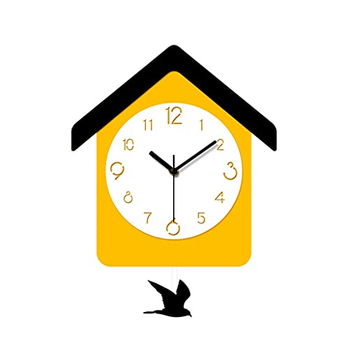 Horloge murale bois design moderne avec pendule oiseau jaune pour salon et décoration murale