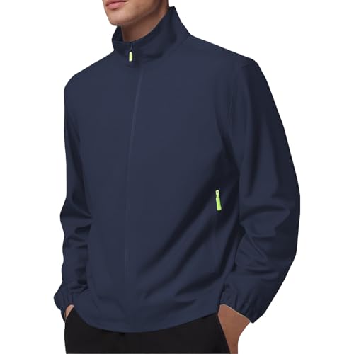 Chubasquero para hombre, resistente al agua, transpirable, ligero, sin capucha, con cuello alto, cierre de cremallera, chaqueta funcional, chaqueta softshell para camping, pesca, senderismo, azul