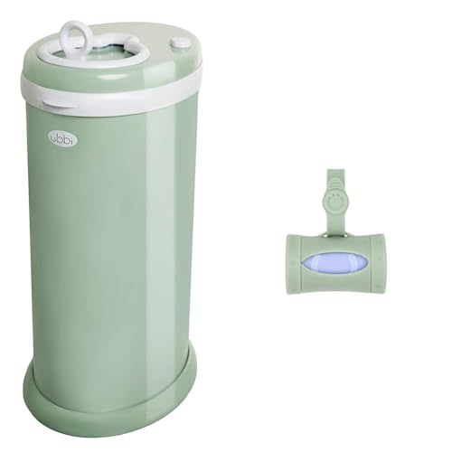 Image of Ubbi Steel Diaper Pail & On-The-Go Diaper Bag Dispenser for Travel with Lavender-Scented Bags Baby Registry Must-Have Bundle, Sage Green