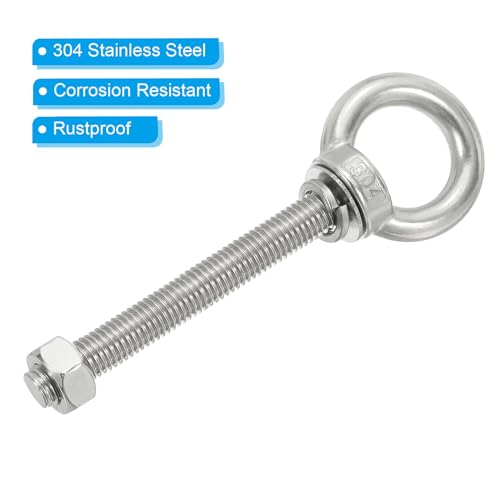 Image of PATIKIL M12 x 80mm Lifting Shoulder Eye Bolt, 2Pcs 304 Stainless Steel Lifting Ring Threaded Eyebolt with Nuts Washers for Hanging Hammocks Articles