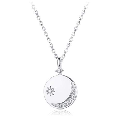 Women Moon Coin with zircon Necklace golod and silver color Hammered Coin Full Karma Circle New Crescent Moon Phase Pendant Dainty Chain Minimalist Simple Boho Jewelry Mother's Gift