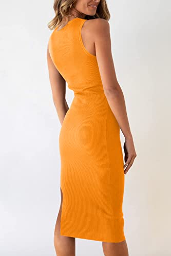 Image of PRETTYGARDEN Women's Summer Midi Bodycon Dresses Casual Crew Neck Side Slit Sleeveless Knit Cut Out Tank Top Dress