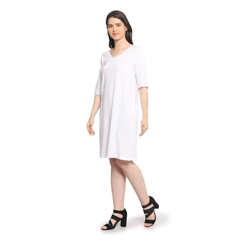 Image of Frenchtrendz Women's Cotton and Back Lace Designer V-Neck A-Line Knee Length Dress