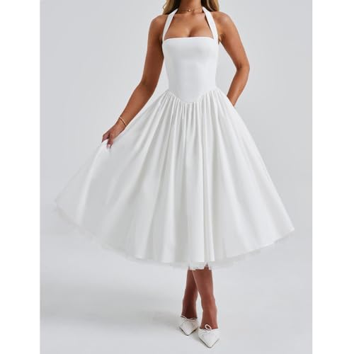 Women Halter Midi Dress Corset Back Layered Tuller Skirt Sleeveless Swing Cocktail Prom Formal Dresses4
