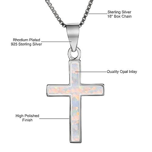 Aloha Jewelry Company Sterling Silver Opal Traditional Cross Necklace Pendant with 18" Box Chain, Nickel Free Hypoallergenic for Sensitive Skin, Gift Box Included4