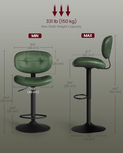 Image of VASAGLE Bar Stools Set of 2, Height Adjustable Kitchen Barstools, Swivel Bar Chairs with Back and Footrest, Quilt PU Leather Surface, Dining Room, Counter, Steel, Forest Green ULJB150C101S