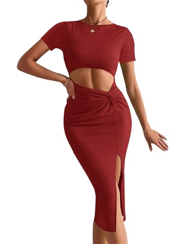 Image of Rooscier Women's Twist Cutout Waist Split Crewneck Short Sleeve Bodycon Midi Dress