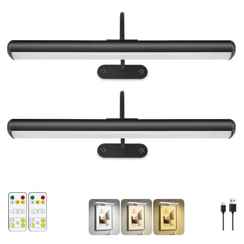 Image of Set of 2 Picture Lights with Timer Dimmer, Painting Light with Remote Rechargeable Battery ,Wall Art 3 Lighting Colors Temps,16inch Full Metal Over Picture Painting Frame Dartboard Gallery Hallway
