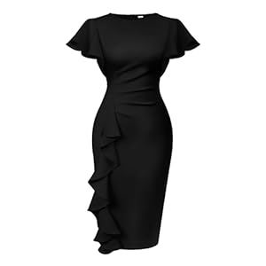 Memoriesea Women’s Vintage Church Ruffle Sleeve Ruched Bodycon Work Midi Pencil Dress